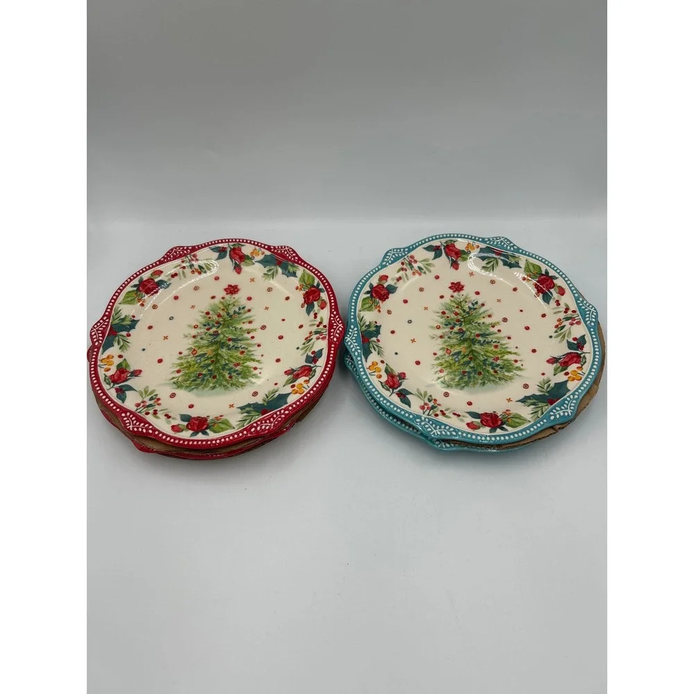 The Pioneer Woman Holiday Medley Salad Plate Set 4 Piece Christmas Tree 8.5 Inch